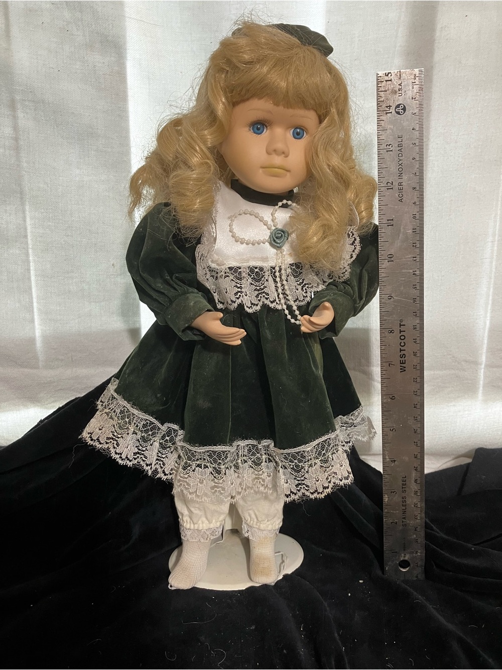 Green Velvet Porcelain Doll with Lace Dress - Classic Kids Toy